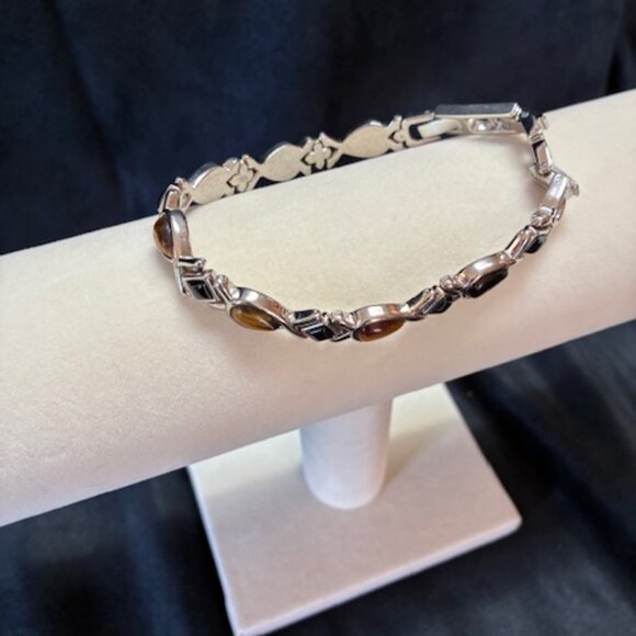 Bracelet - silver tone with black and brown stones, expandable links - Picture 2 of 3